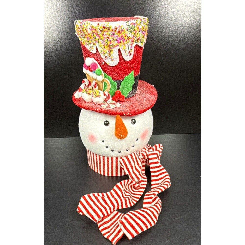 Christmas Snowman Tree Topper Top Hat Candy Peppermint Glitter Decor 15"